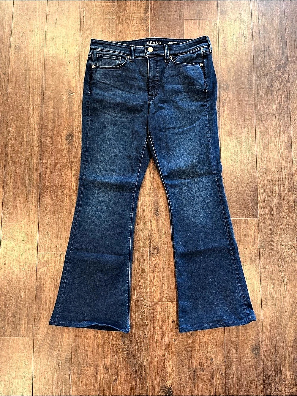 Spanx Bootcut Flare Jeans Women Sz 31 Blue Stretch High Rise Med Wash 5 Pockets